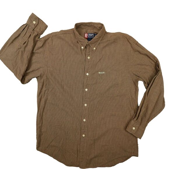 Chaps Ralph Lauren‎ Brown Micro Houndstooth Button Up Shirt size Large - Picture 1 of 10